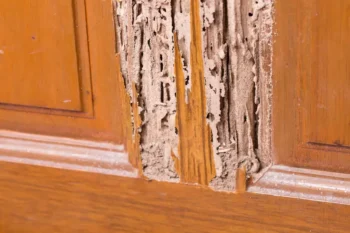 Damage to a wood cabinet in a kitchen caused by termites.