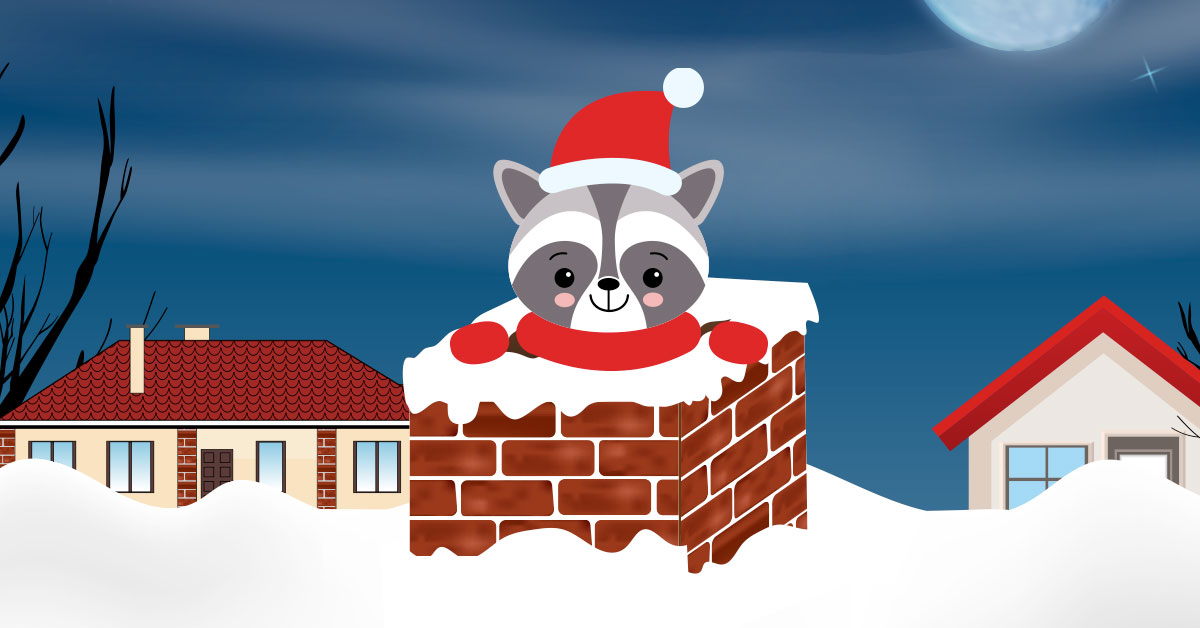 Raccoon dressed as Santa in a chimney.