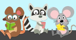 Cartoon rat, raccoon, and mouse reading, eating, and drinking.