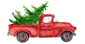 Watercolor of a fir tree in the back of a red pickup.