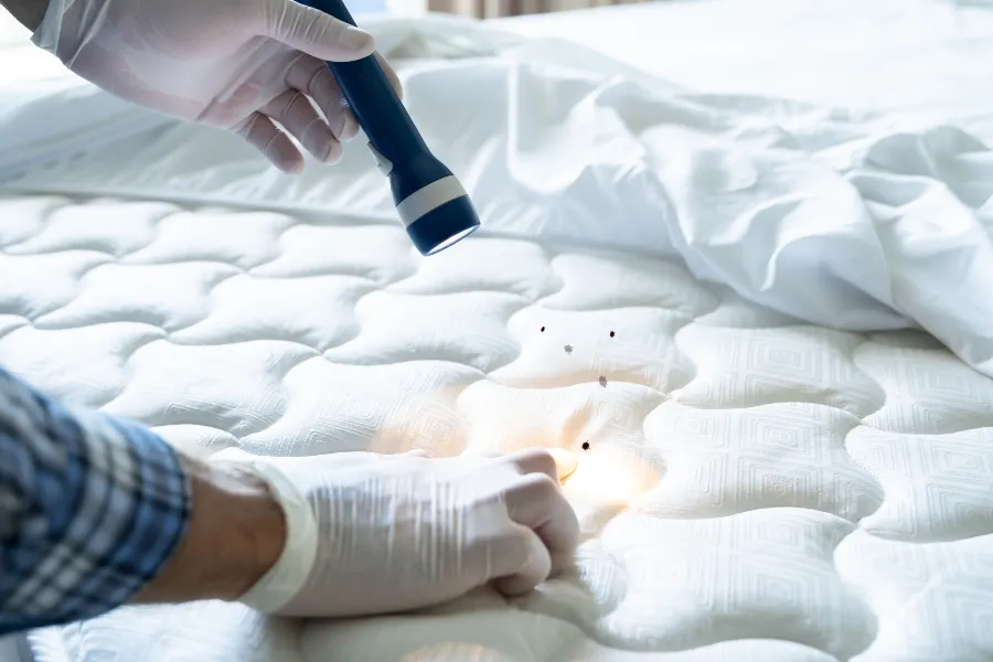 A gloved professional using a flashlight to expose dark bed bug droppings and spots on a white quilted mattress.