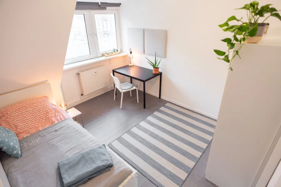 A tidy, bright college dorm room featuring a neatly made single bed, a desk, and house plants to help prevent pests.