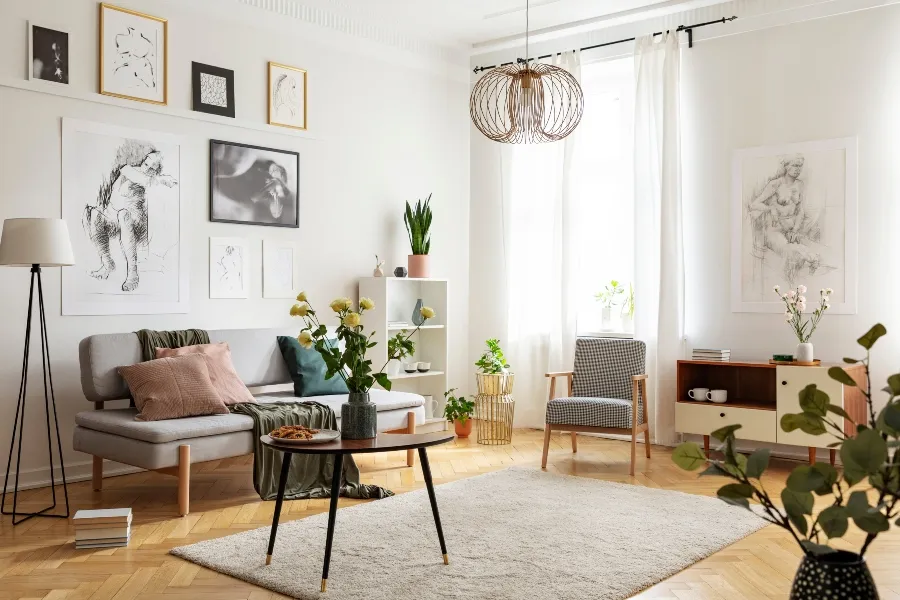 A clean, modern apartment living room featuring a light gray sofa, house plants, and tidy hardwood floors.