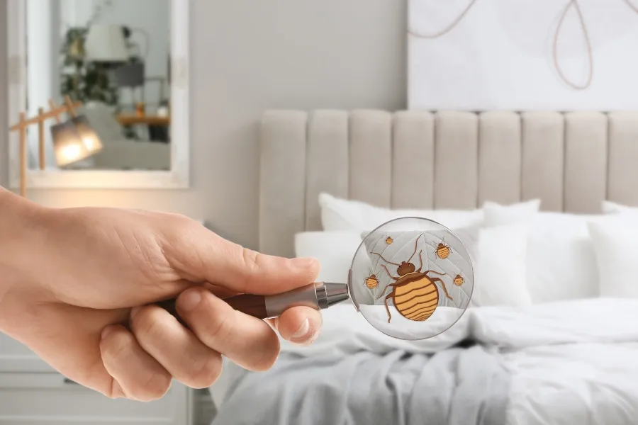 A hand holding a magnifying glass that reveals an illustration of bed bugs against a blurred background of a modern bedroom.