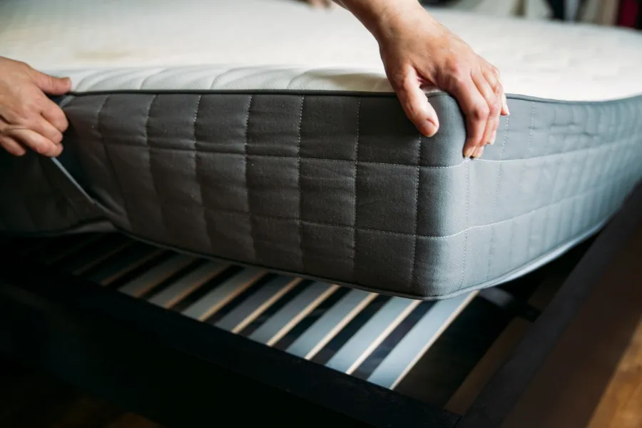 A person lifting the corner of a mattress off a wooden slatted bed frame to inspect for bed bugs