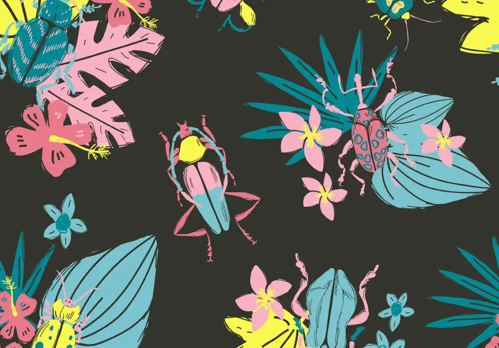 Pastel beetles with multicolored flowers digital design - keep pests away form your home with Arrow Exterminating in NY