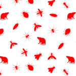 Red motif of ticks, spiders, rats, and more.