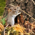 A brown mouse gnawing on a tree stump - keep pests away from your home with Arrow Exterminating Company in NY