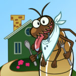 artoon termite, with fork & spoon, outside a home.