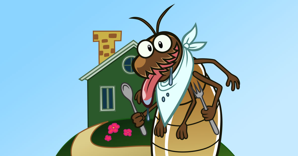 cartoon termite, with fork and spoon, outside a home