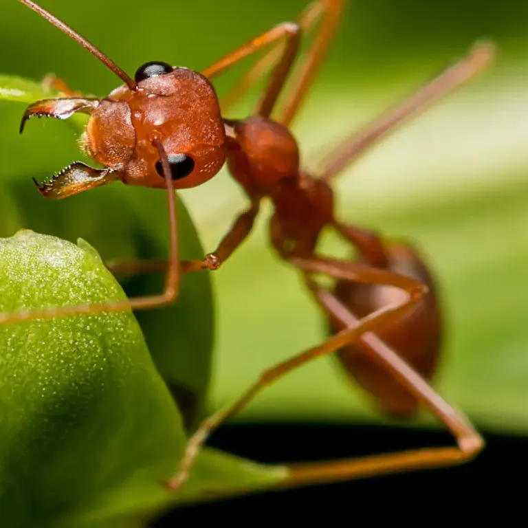 Close up of a fire ant crawling on a green leaf