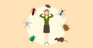 Cartoon woman stressed by circle of pests.