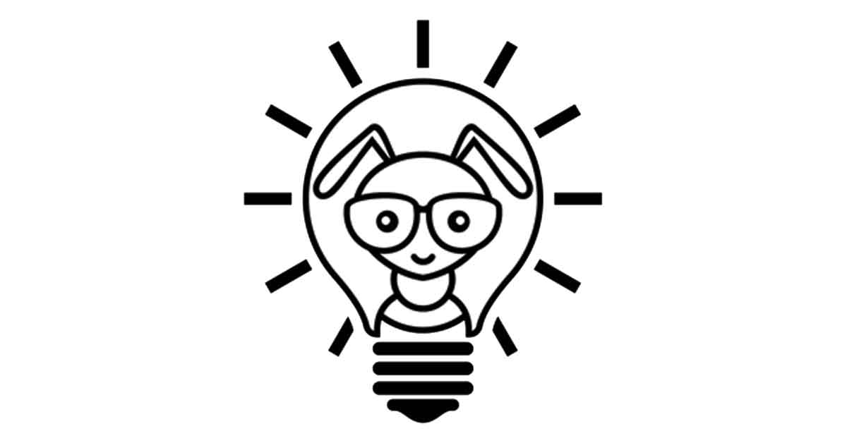 Cartoon ant wearing glasses in a light bulb