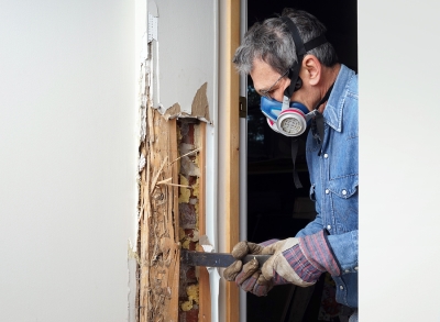 a contractor pries into the wall to look for termites