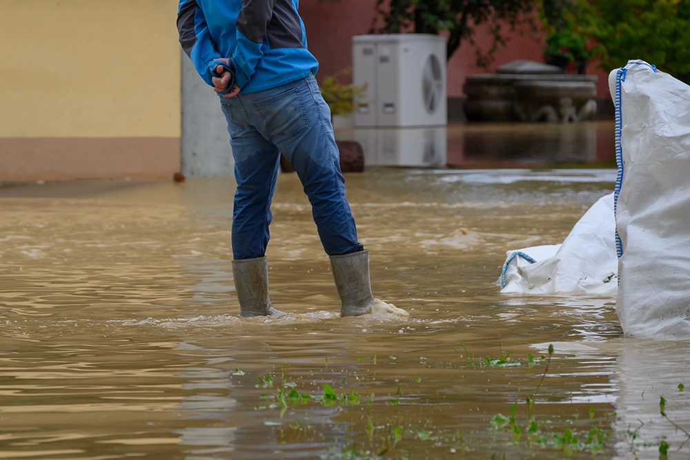 A photo of someone wading through high flood waters in a residential neighborhood.