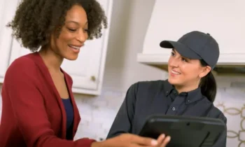 Arrow Exterminating Pest Technician speaking with New York resident in her home's kitchen.
