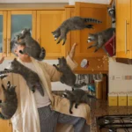 Humorous image of multiple racoons emerging from a cupboard, surprising a person - keep pests away from your home with Arrow Exterminating Company in NY