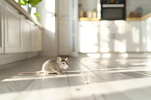A gray rodent on a kitchen floor