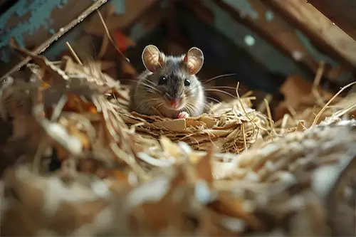 A gray rodent nestled in a straw-lined nest within an attic