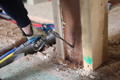 a termite control technician sprays insecticide