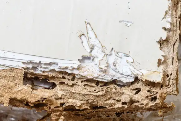 Termite damage on the base of a wooden door in a home - keep pests away from your home with Arrow Exterminating Company in NY
