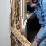 Technician inspecting termite damage done to a wooden door frame - keep pests away from your home with Arrow Exterminating Company in NY