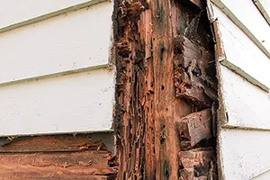 Termite gnaw damage to the exterior frame of a home