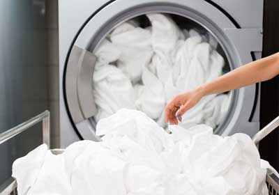 a person takes bed bug-free bedding out of the washer